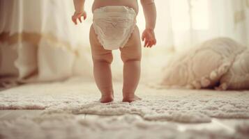 Small little baby wearing a diaper. Newborn standing in diaper pants close-up photo