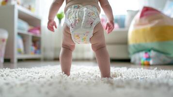 Small little baby wearing a diaper. Newborn standing in diaper pants close-up photo