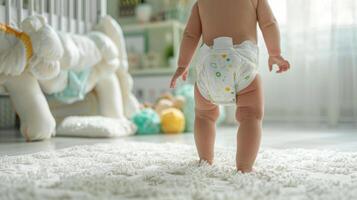 Small little baby wearing a diaper. Newborn standing in diaper pants close-up photo