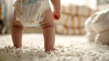 Small little baby wearing a diaper. Newborn standing in diaper pants close-up photo