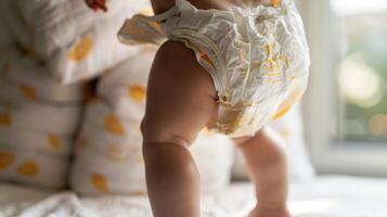 Small little baby wearing a diaper. Newborn standing in diaper pants close-up photo