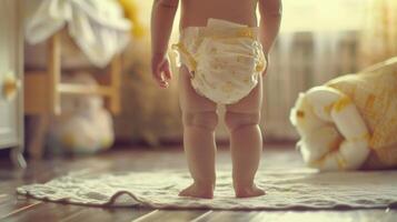 Small little baby wearing a diaper. Newborn standing in diaper pants close-up photo