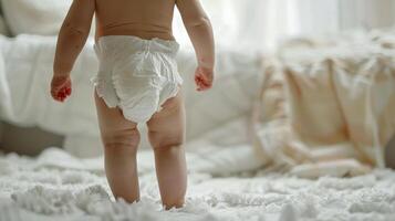 Small little baby wearing a diaper. Newborn standing in diaper pants close-up photo