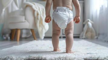 Small little baby wearing a diaper. Newborn standing in diaper pants close-up photo