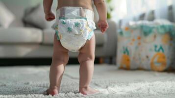 Small little baby wearing a diaper. Newborn standing in diaper pants close-up photo