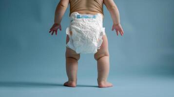 Small little baby wearing a diaper. Newborn standing in diaper pants close-up photo