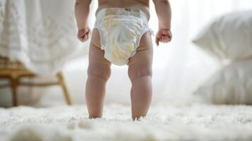 Small little baby wearing a diaper. Newborn standing in diaper pants close-up photo