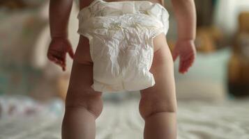 Small little baby wearing a diaper. Newborn standing in diaper pants close-up photo