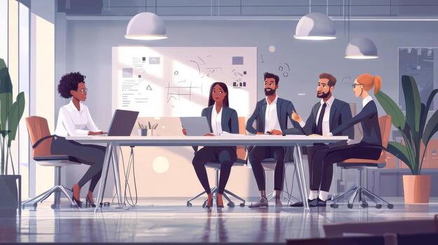 Diverse business team brainstorming in a modern office cartoon. Multiracial colleagues discussing photo