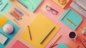 A trendy flat lay of stylish stationery on a vibrant backdrop, perfect for workspace inspiration photo