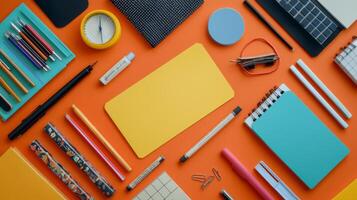 A trendy flat lay of stylish stationery on a vibrant backdrop, perfect for workspace inspiration photo