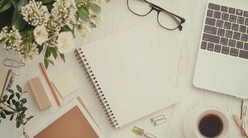 A trendy flat lay of stylish stationery on a vibrant backdrop, perfect for workspace inspiration photo