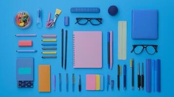 A trendy flat lay of stylish stationery on a vibrant backdrop, perfect for workspace inspiration photo