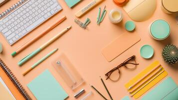 A trendy flat lay of stylish stationery on a vibrant backdrop, perfect for workspace inspiration photo