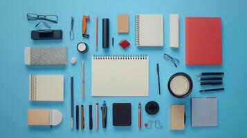 A trendy flat lay of stylish stationery on a vibrant backdrop, perfect for workspace inspiration photo