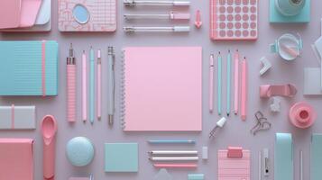 A trendy flat lay of stylish stationery on a vibrant backdrop, perfect for workspace inspiration photo