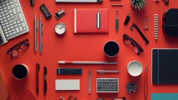 A trendy flat lay of stylish stationery on a vibrant backdrop, perfect for workspace inspiration photo