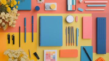 A trendy flat lay of stylish stationery on a vibrant backdrop, perfect for workspace inspiration photo