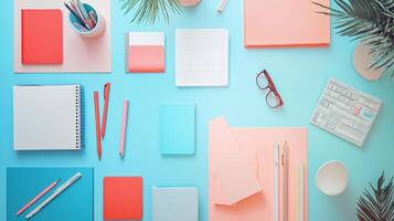 A trendy flat lay of stylish stationery on a vibrant backdrop, perfect for workspace inspiration photo