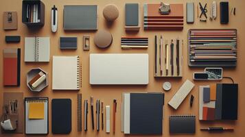 A trendy flat lay of stylish stationery on a vibrant backdrop, perfect for workspace inspiration photo