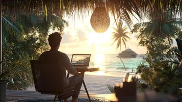 Digital nomad working remotely in exotic location. Remote work concept. Freelancer working online photo