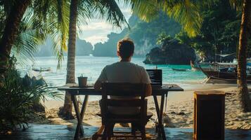 Digital nomad working remotely in exotic location. Remote work concept. Freelancer working online photo