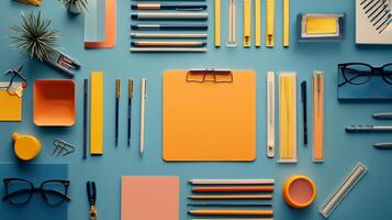 A trendy flat lay of stylish stationery on a vibrant backdrop, perfect for workspace inspiration photo