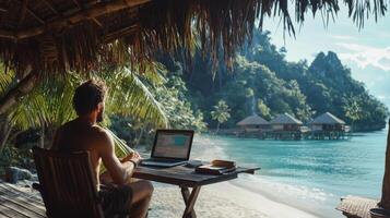 Digital nomad working remotely in exotic location. Remote work concept. Freelancer working online photo