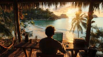 Digital nomad working remotely in exotic location. Remote work concept. Freelancer working online photo