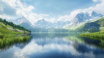 A panoramic view of the mountains and lake. Beautiful landscape stunning natural landscape photo