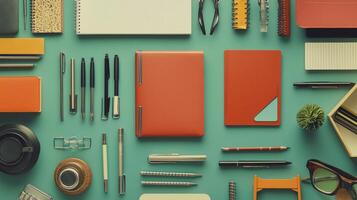 A trendy flat lay of stylish stationery on a vibrant backdrop, perfect for workspace inspiration photo