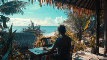 Digital nomad working remotely in exotic location. Remote work concept. Freelancer working online photo