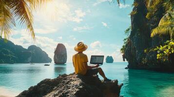 Digital nomad working remotely in exotic location. Remote work concept. Freelancer working online photo