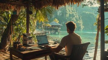 Digital nomad working remotely in exotic location. Remote work concept. Freelancer working online photo