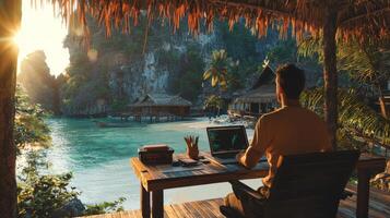 Digital nomad working remotely in exotic location. Remote work concept. Freelancer working online photo