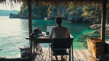 Digital nomad working remotely in exotic location. Remote work concept. Freelancer working online photo