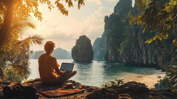 Digital nomad working remotely in exotic location. Remote work concept. Freelancer working online photo