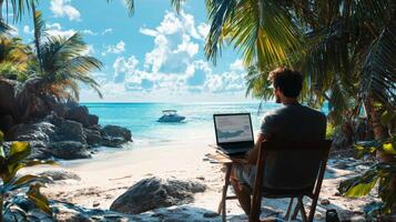 Digital nomad working remotely in exotic location. Remote work concept. Freelancer working online photo