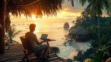 Digital nomad working remotely in exotic location. Remote work concept. Freelancer working online photo