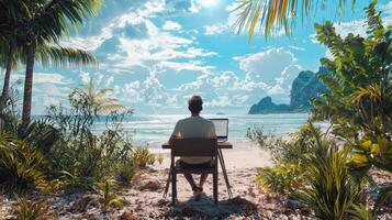 Digital nomad working remotely in exotic location. Remote work concept. Freelancer working online photo
