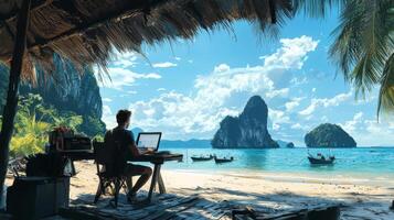 Digital nomad working remotely in exotic location. Remote work concept. Freelancer working online photo