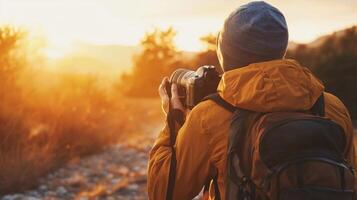 Traveler documenting their adventures with camera. Tourist exploring their travels in a picturesque photo