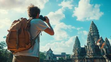 Traveler documenting their adventures with camera. Tourist exploring their travels in a picturesque photo