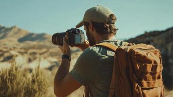 Traveler documenting their adventures with camera. Tourist exploring their travels in a picturesque photo