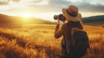 Traveler documenting their adventures with camera. Tourist exploring their travels in a picturesque photo