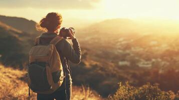 Traveler documenting their adventures with camera. Tourist exploring their travels in a picturesque photo