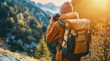 Traveler documenting their adventures with camera. Tourist exploring their travels in a picturesque photo