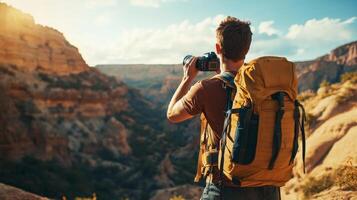 Traveler documenting their adventures with camera. Tourist exploring their travels in a picturesque photo