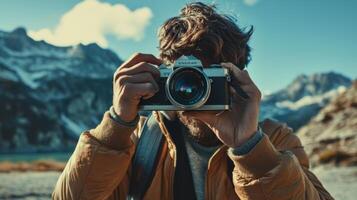 Traveler documenting their adventures with camera. Tourist exploring their travels in a picturesque photo