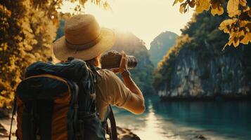 Traveler documenting their adventures with camera. Tourist exploring their travels in a picturesque photo